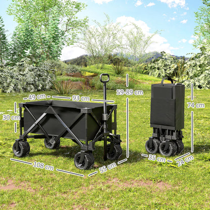 Large Wheeled Beach Cart with Brake, Foldable Garden Cart with Adjustable Handle Height, 360° Swivel Wheels, for Terrace, Patio, Camping, Outdoor Shopping, Black