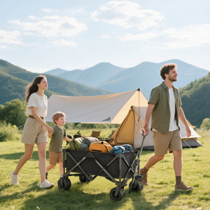 Large Wheeled Beach Cart with Brake, Foldable Garden Cart with Adjustable Handle Height, 360° Swivel Wheels, for Terrace, Patio, Camping, Outdoor Shopping, Black