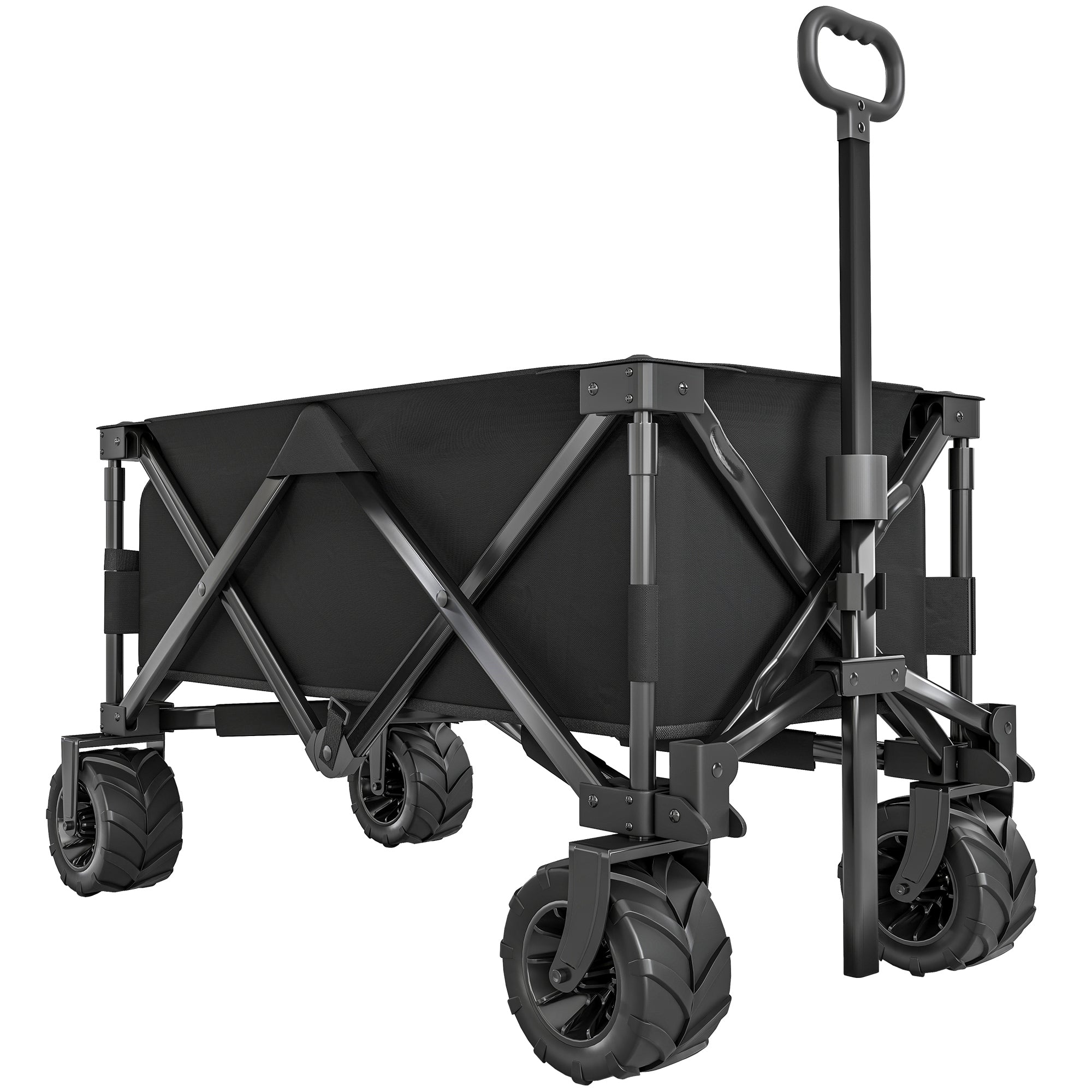 Large Wheeled Beach Cart with Brake, Foldable Garden Cart with Adjustable Handle Height, 360° Swivel Wheels, for Terrace, Patio, Camping, Outdoor Shopping, Black