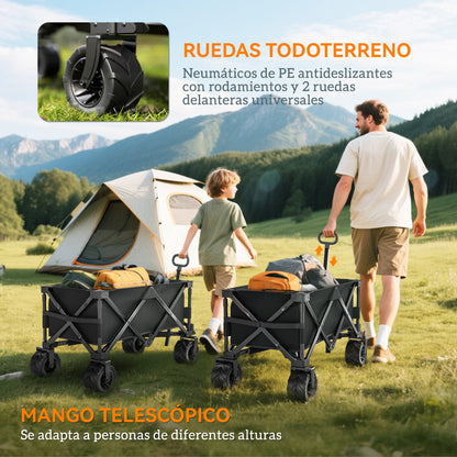 Large Wheeled Beach Cart with Brake, Foldable Garden Cart with Adjustable Handle Height, 360° Swivel Wheels, for Terrace, Patio, Camping, Outdoor Shopping, Black