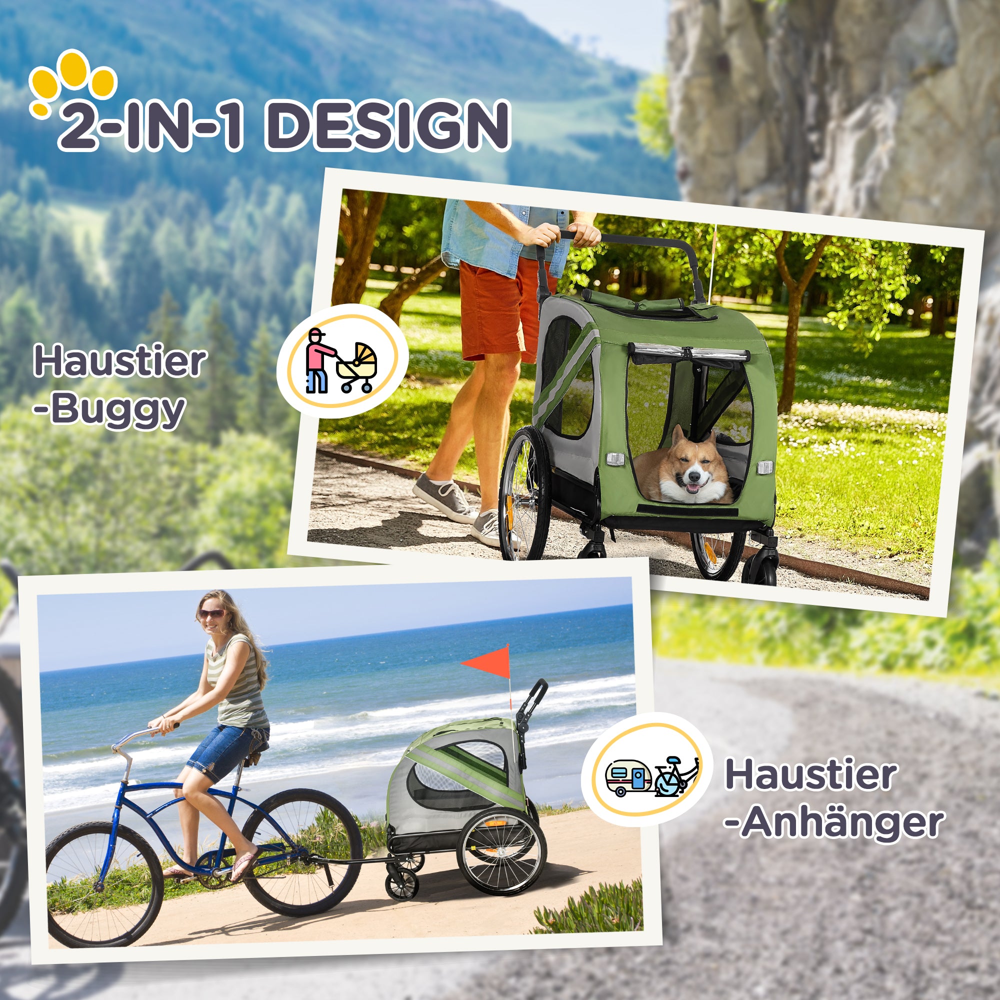 2-in-1 Dog Trailer & Dog Buggy, Dog Bike Trailer Bicycle Trailer, Dog Wagon with Reflectors for Medium-Sized Dogs up to 20 kg, Oxford Fabric, Green