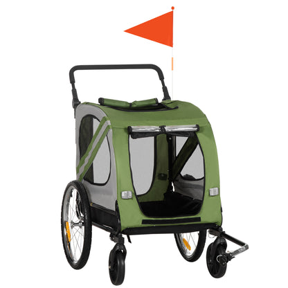 2-in-1 Dog Trailer & Dog Buggy, Dog Bike Trailer Bicycle Trailer, Dog Wagon with Reflectors for Medium-Sized Dogs up to 20 kg, Oxford Fabric, Green
