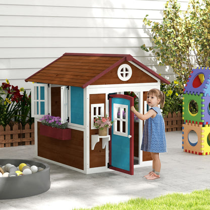 Outdoor Children's Cabin, Outdoor Children's House, with Door, Windows and Planters, Garden Cabin for Children 3-8 Years Old, 114 x 126.4 x 135 cm, Brown