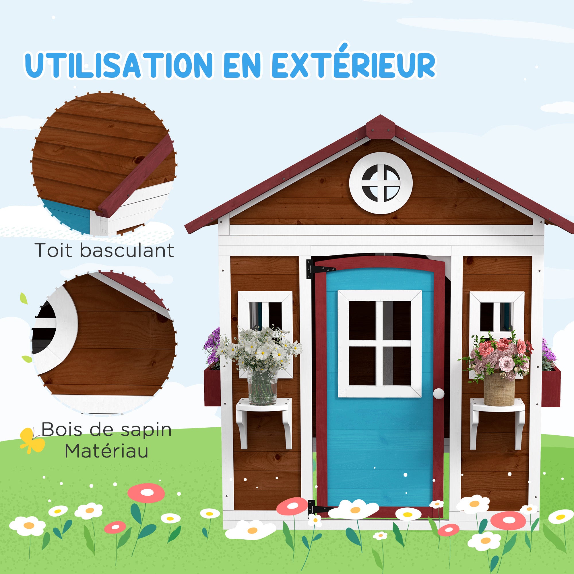 Outdoor Children's Cabin, Outdoor Children's House, with Door, Windows and Planters, Garden Cabin for Children 3-8 Years Old, 114 x 126.4 x 135 cm, Brown
