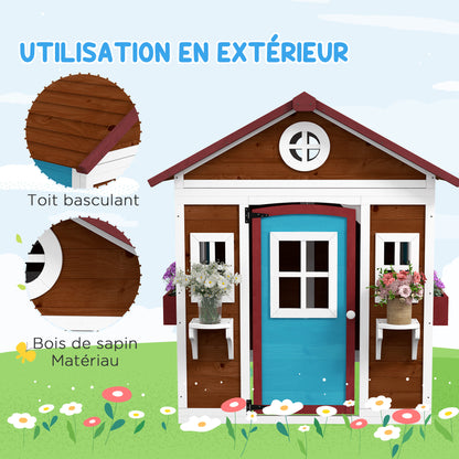 Outdoor Children's Cabin, Outdoor Children's House, with Door, Windows and Planters, Garden Cabin for Children 3-8 Years Old, 114 x 126.4 x 135 cm, Brown