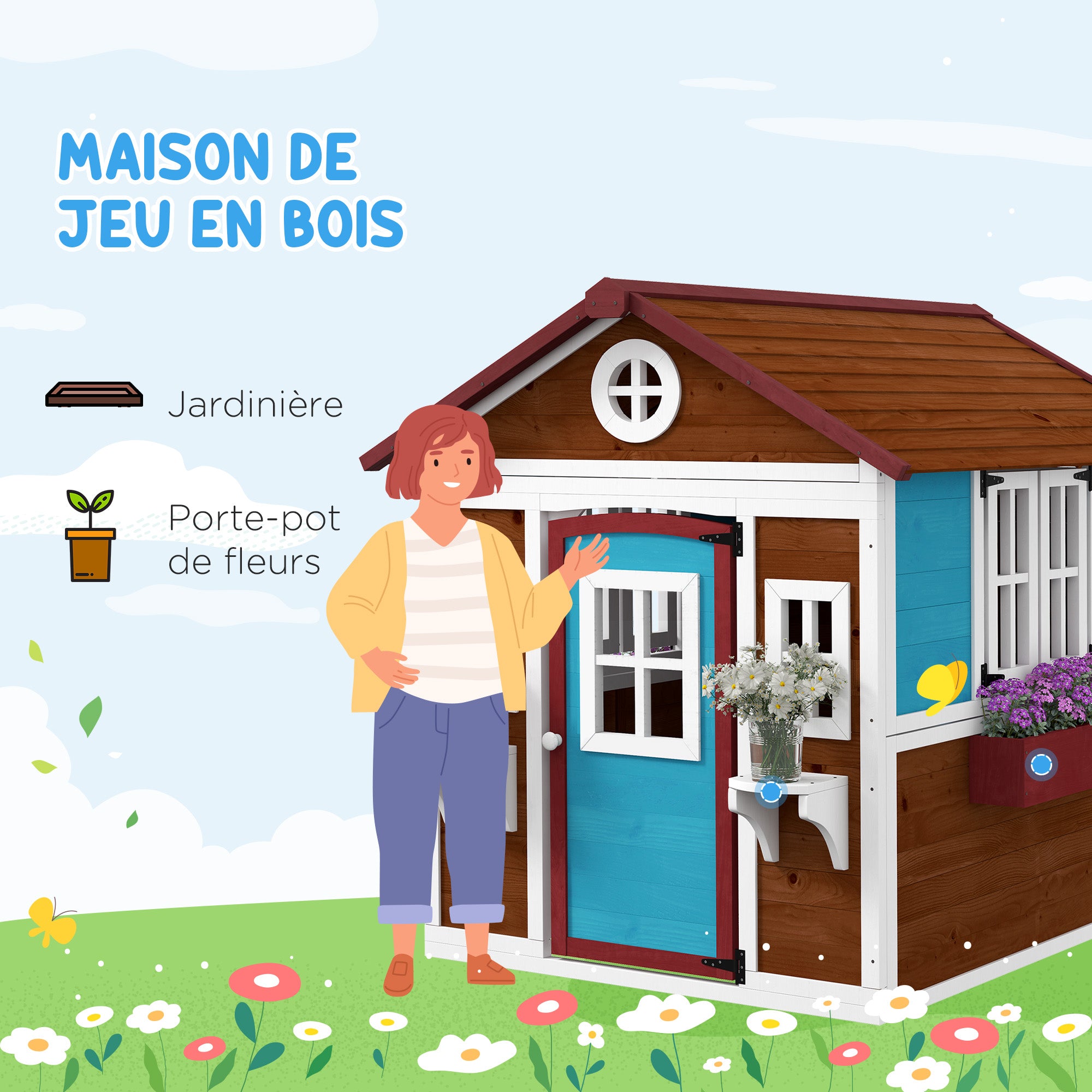 Outdoor Children's Cabin, Outdoor Children's House, with Door, Windows and Planters, Garden Cabin for Children 3-8 Years Old, 114 x 126.4 x 135 cm, Brown