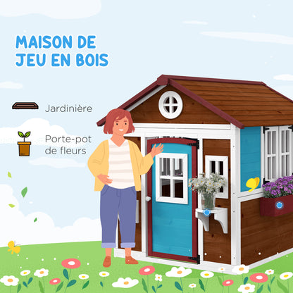 Outdoor Children's Cabin, Outdoor Children's House, with Door, Windows and Planters, Garden Cabin for Children 3-8 Years Old, 114 x 126.4 x 135 cm, Brown