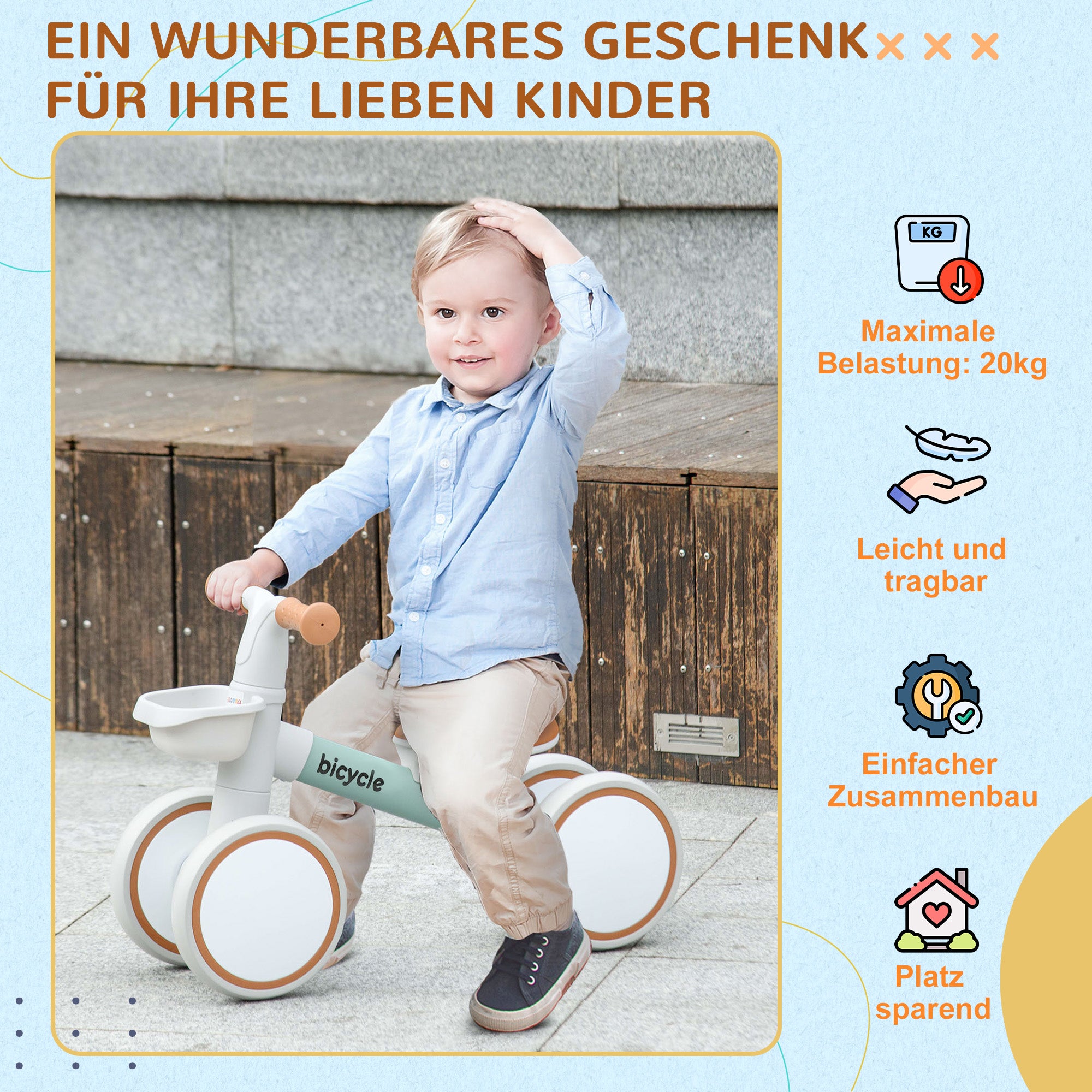 Kids Balance Bike from 1 Year Baby up to 20 kg Toddler Bike with TPU Wheels Basket Adjustable Seat Saddle Kids Balance Bike Gifts for Boys Girls Toys Green+White