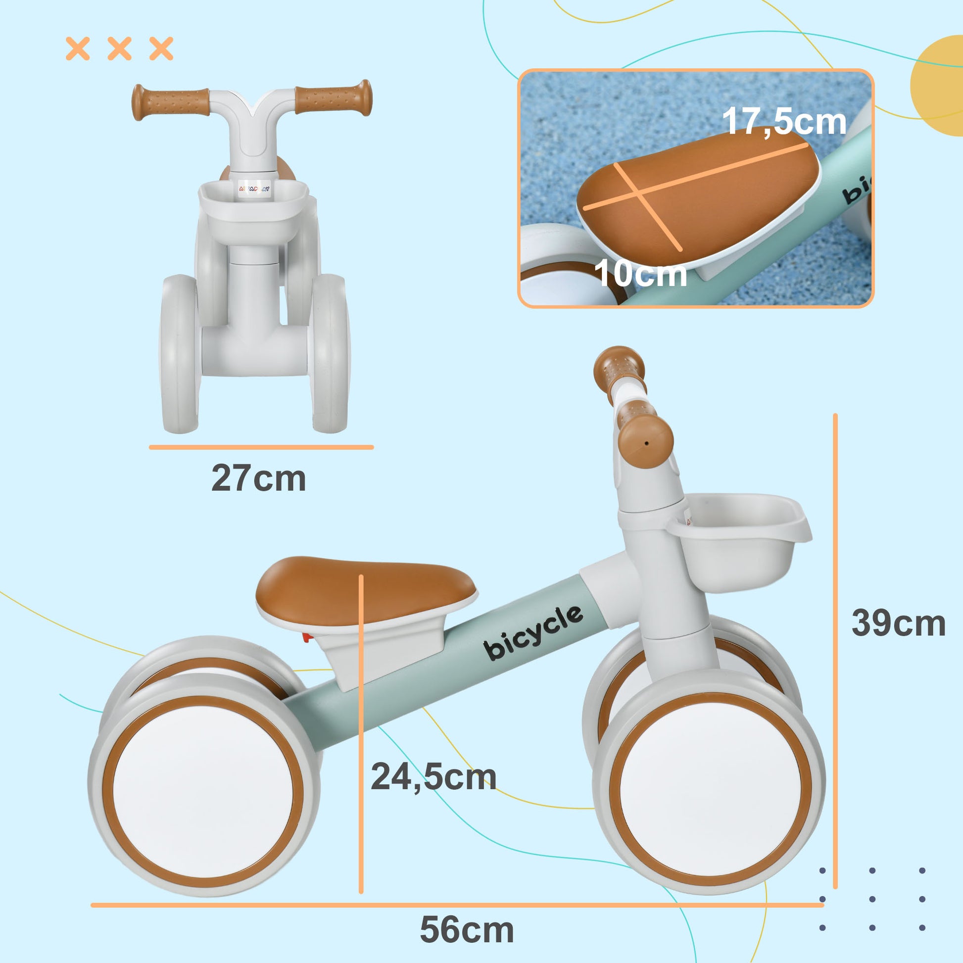 Kids Balance Bike from 1 Year Baby up to 20 kg Toddler Bike with TPU Wheels Basket Adjustable Seat Saddle Kids Balance Bike Gifts for Boys Girls Toys Green+White