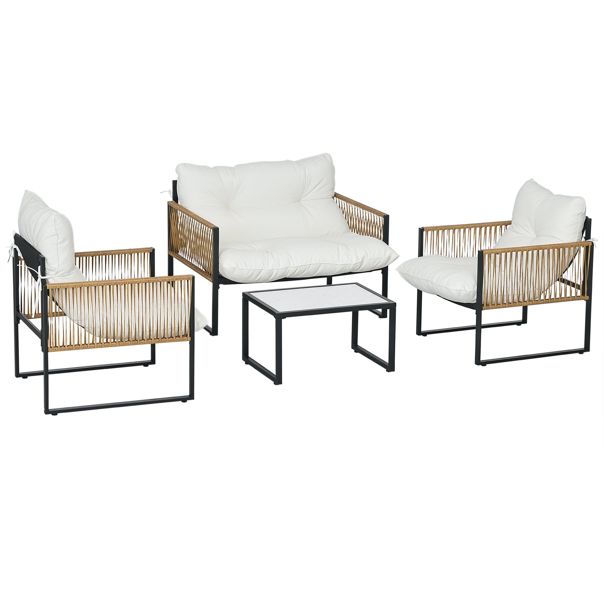 Outdoor Garden 4-Piece Patio Furniture Set 2-Seater Sofa 2 Armchairs and 1 Coffee Table Tempered Glass Top 3 Cushions Steel and Resin Wicker - Cream