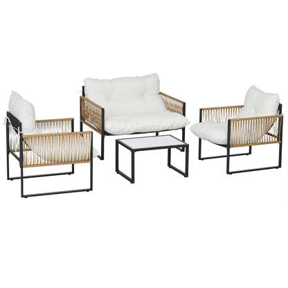 Outdoor Garden 4-Piece Patio Furniture Set 2-Seater Sofa 2 Armchairs and 1 Coffee Table Tempered Glass Top 3 Cushions Steel and Resin Wicker - Cream