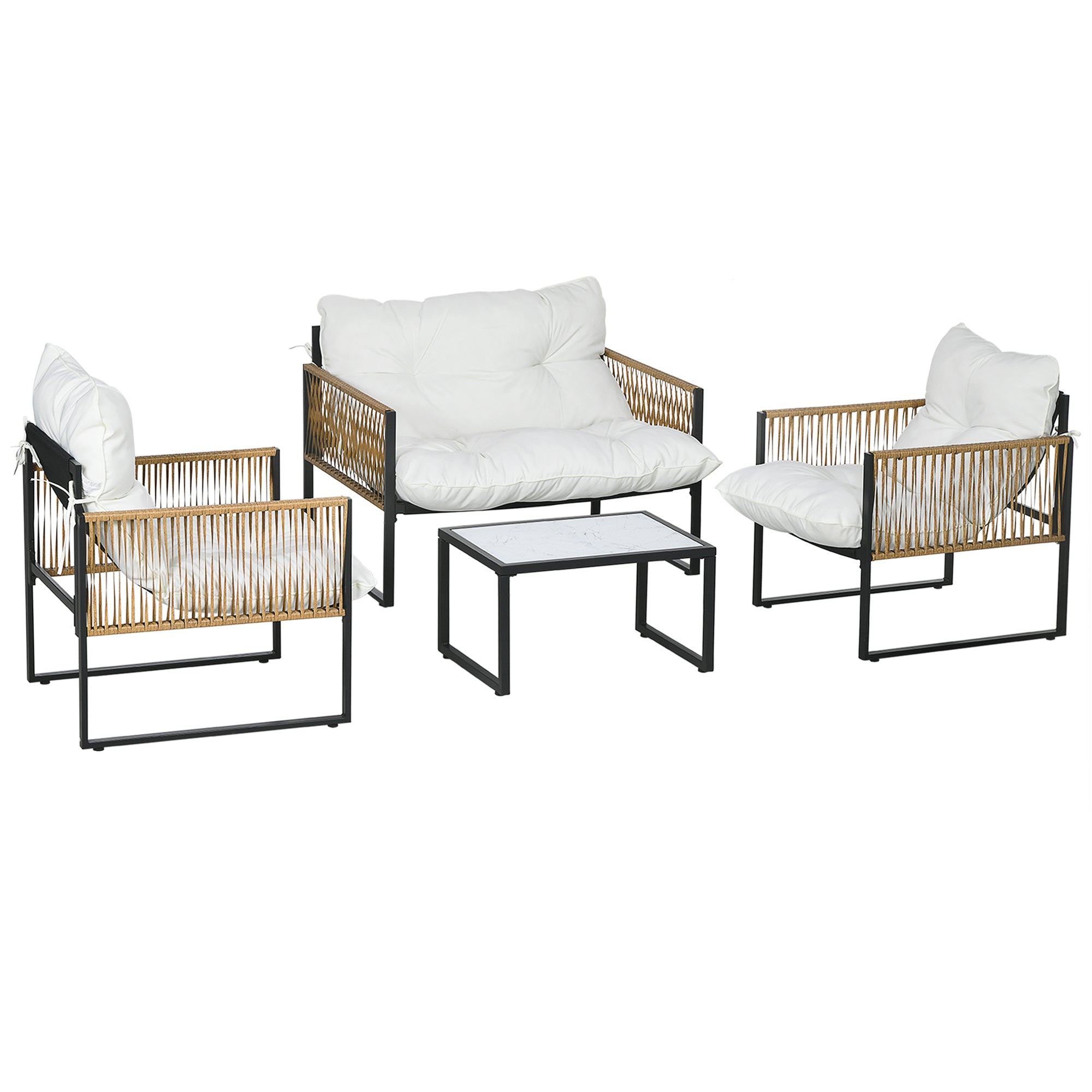 Outdoor Garden 4-Piece Patio Furniture Set 2-Seater Sofa 2 Armchairs and 1 Coffee Table Tempered Glass Top 3 Cushions Steel and Resin Wicker - Cream