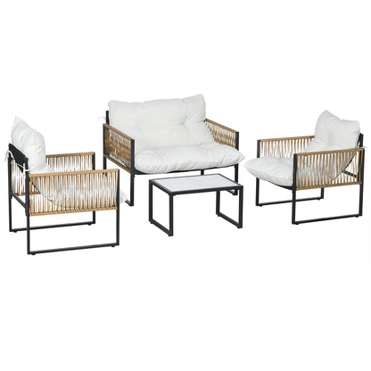 Outdoor Garden 4-Piece Patio Furniture Set 2-Seater Sofa 2 Armchairs and 1 Coffee Table Tempered Glass Top 3 Cushions Steel and Resin Wicker - Cream