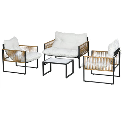 Outdoor Garden 4-Piece Patio Furniture Set 2-Seater Sofa 2 Armchairs and 1 Coffee Table Tempered Glass Top 3 Cushions Steel and Resin Wicker - Cream