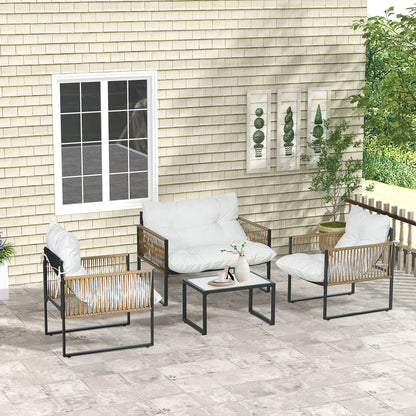 Outdoor Garden 4-Piece Patio Furniture Set 2-Seater Sofa 2 Armchairs and 1 Coffee Table Tempered Glass Top 3 Cushions Steel and Resin Wicker - Cream