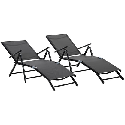 Set of 2 Foldable Garden Sun Loungers with 7-Position Adjustable Backrest, Aluminum Beach Sun Lounger with Breathable Mesh, Black