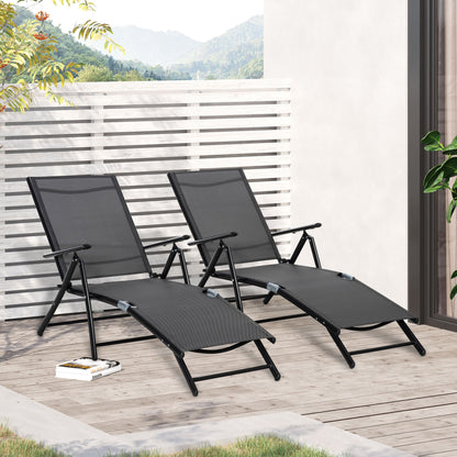 Set of 2 Foldable Garden Sun Loungers with 7-Position Adjustable Backrest, Aluminum Beach Sun Lounger with Breathable Mesh, Black
