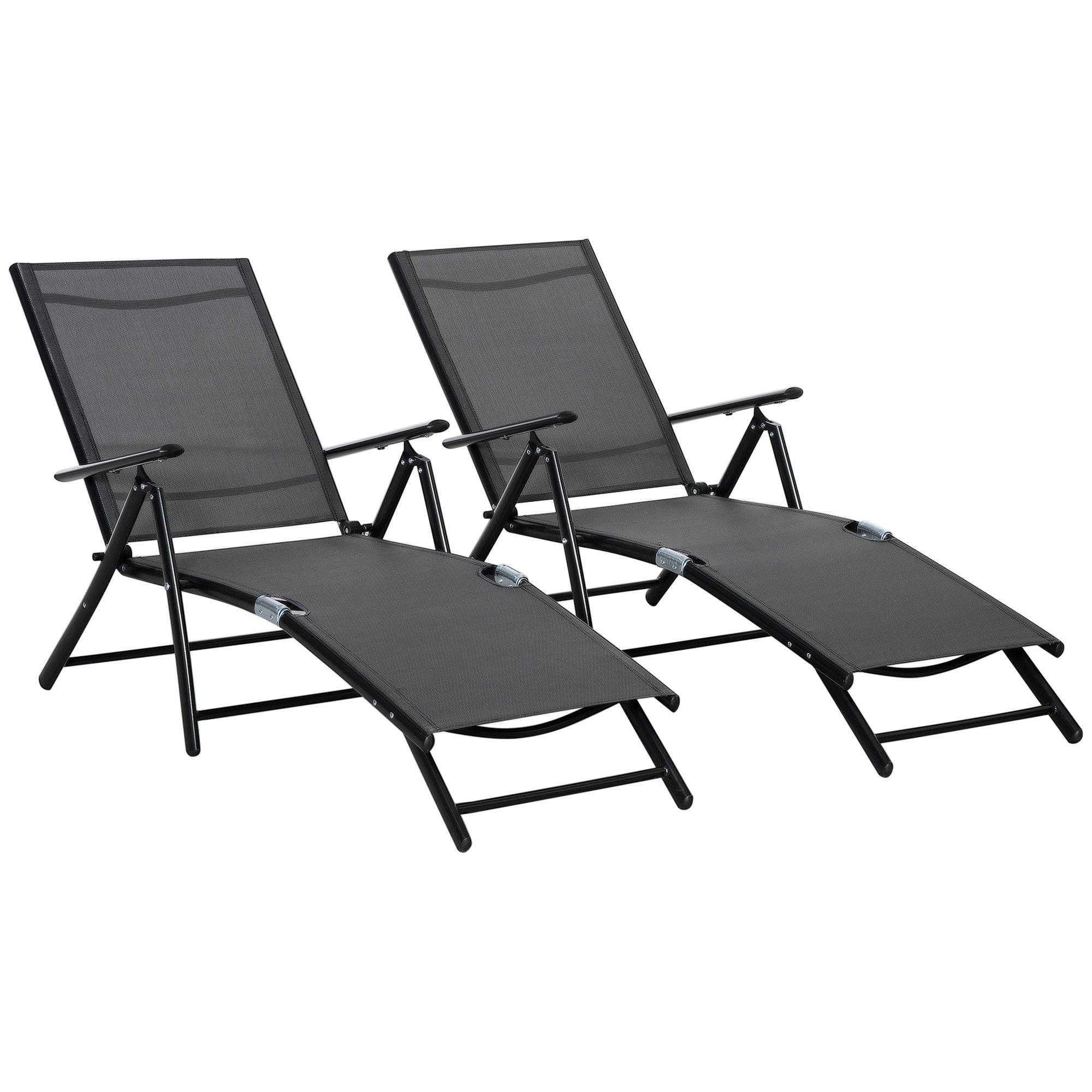 Set of 2 Foldable Garden Sun Loungers with 7-Position Adjustable Backrest, Aluminum Beach Sun Lounger with Breathable Mesh, Black