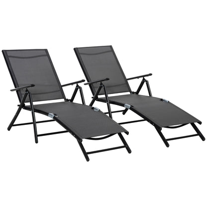 Set of 2 Foldable Garden Sun Loungers with 7-Position Adjustable Backrest, Aluminum Beach Sun Lounger with Breathable Mesh, Black