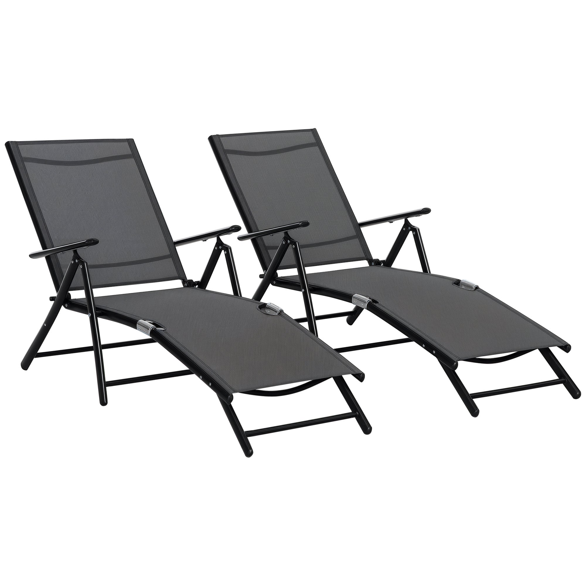 Set of 2 Foldable Garden Sun Loungers with 7-Position Adjustable Backrest, Aluminum Beach Sun Lounger with Breathable Mesh, Black
