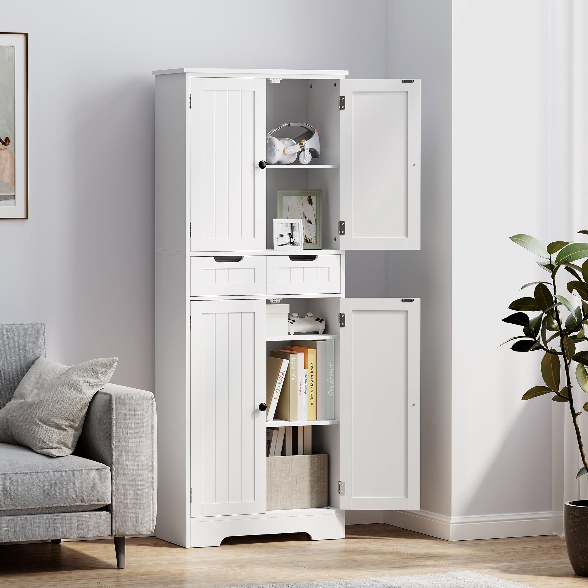 Bathroom Cabinet, Storage Cabinet with Drawer, Doors Cupboard, Adjustable Shelf, Bathroom, Kitchen, Living Room, 60 x 30 x 160 cm, White