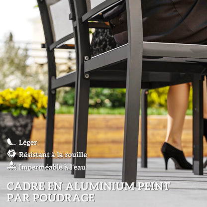 Set of 4 garden chairs with wood-effect armrests, aluminum frame dining chairs outdoor breathable fabric for balcony, terrace, light gray