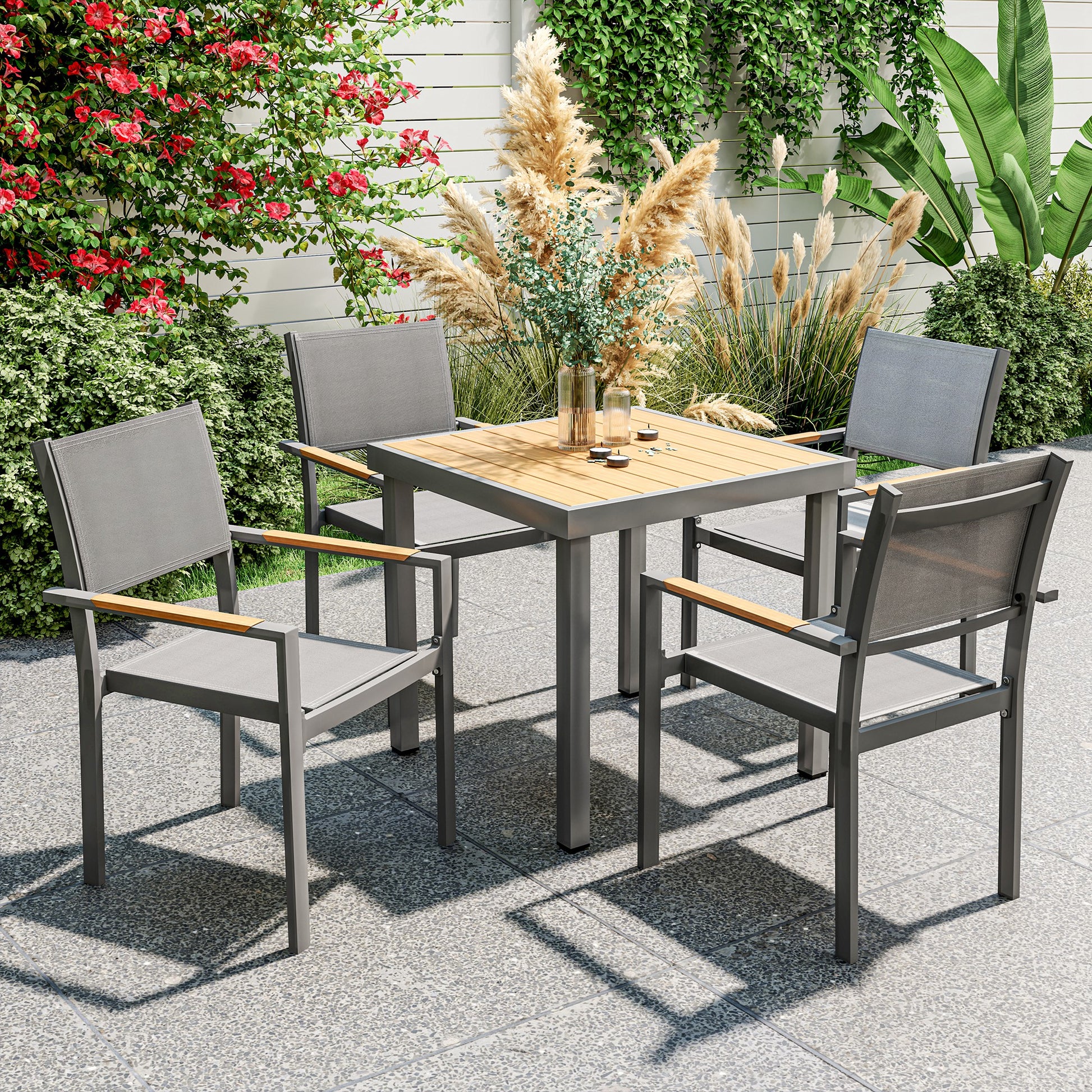 Set of 4 garden chairs with wood-effect armrests, aluminum frame dining chairs outdoor breathable fabric for balcony, terrace, light gray