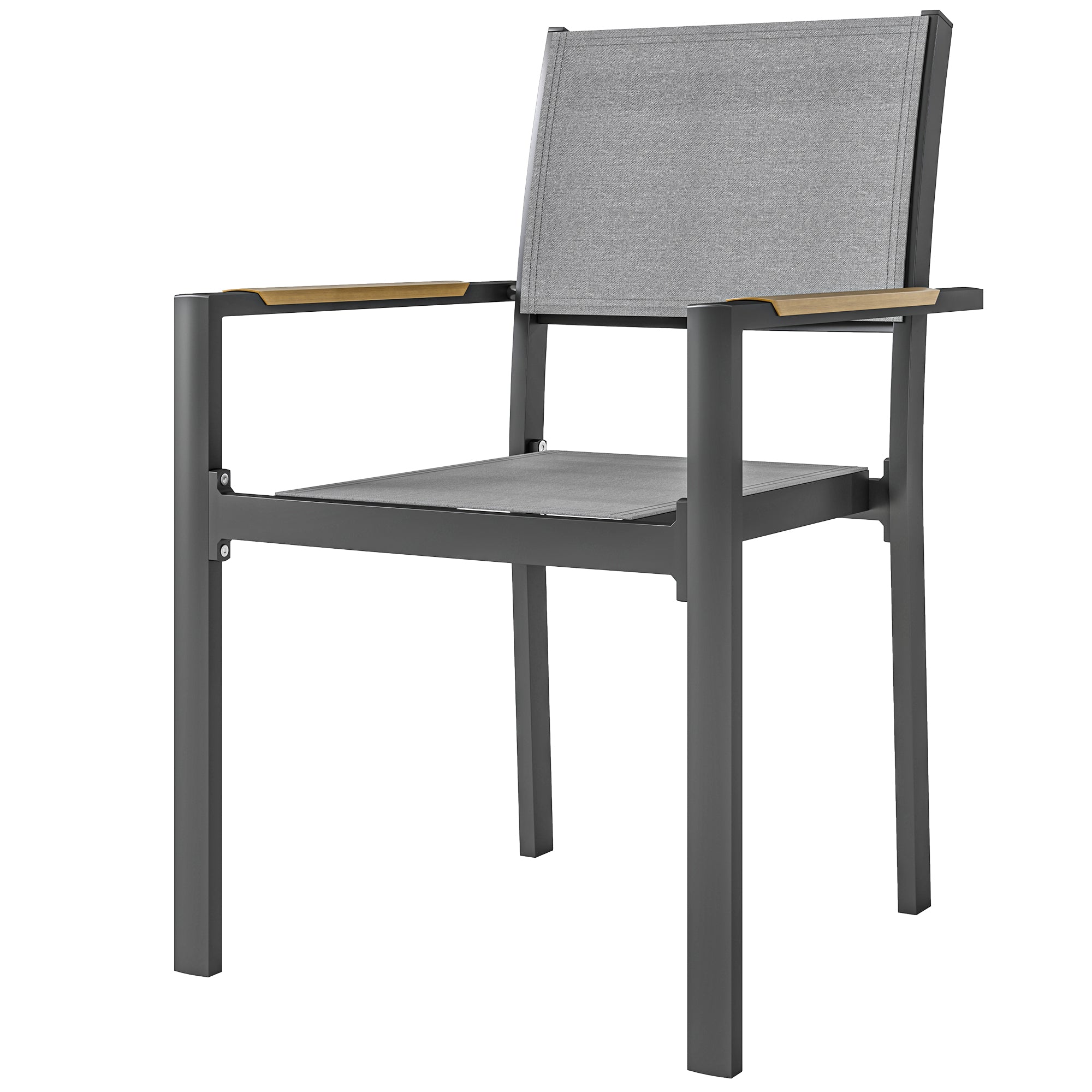 Set of 4 garden chairs with wood-effect armrests, aluminum frame dining chairs outdoor breathable fabric for balcony, terrace, light gray