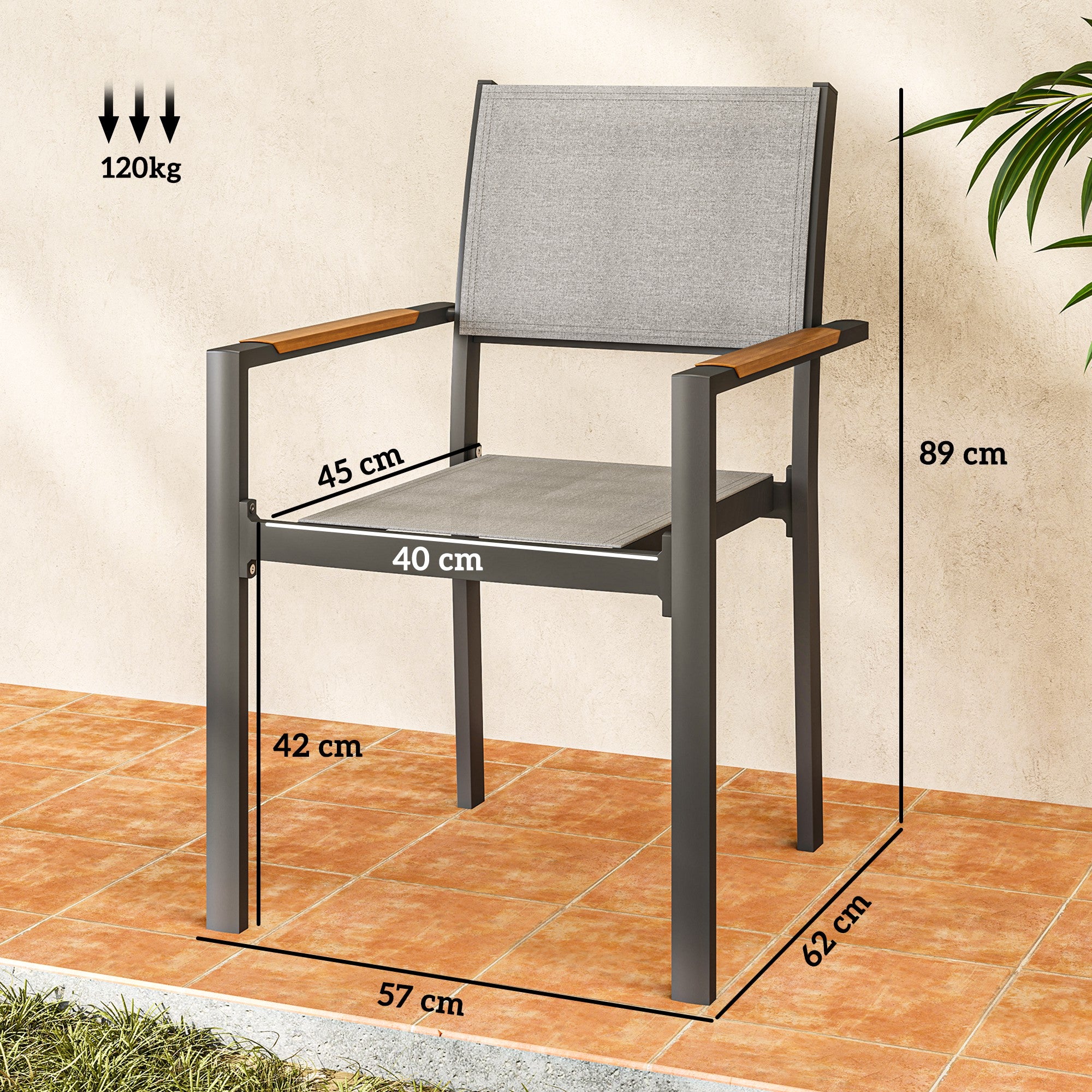 Set of 4 garden chairs with wood-effect armrests, aluminum frame dining chairs outdoor breathable fabric for balcony, terrace, light gray