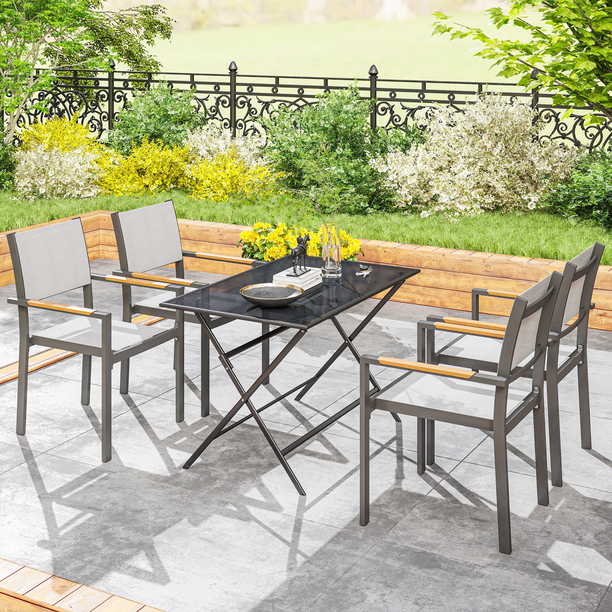 Set of 4 garden chairs with wood-effect armrests, aluminum frame dining chairs outdoor breathable fabric for balcony, terrace, light gray