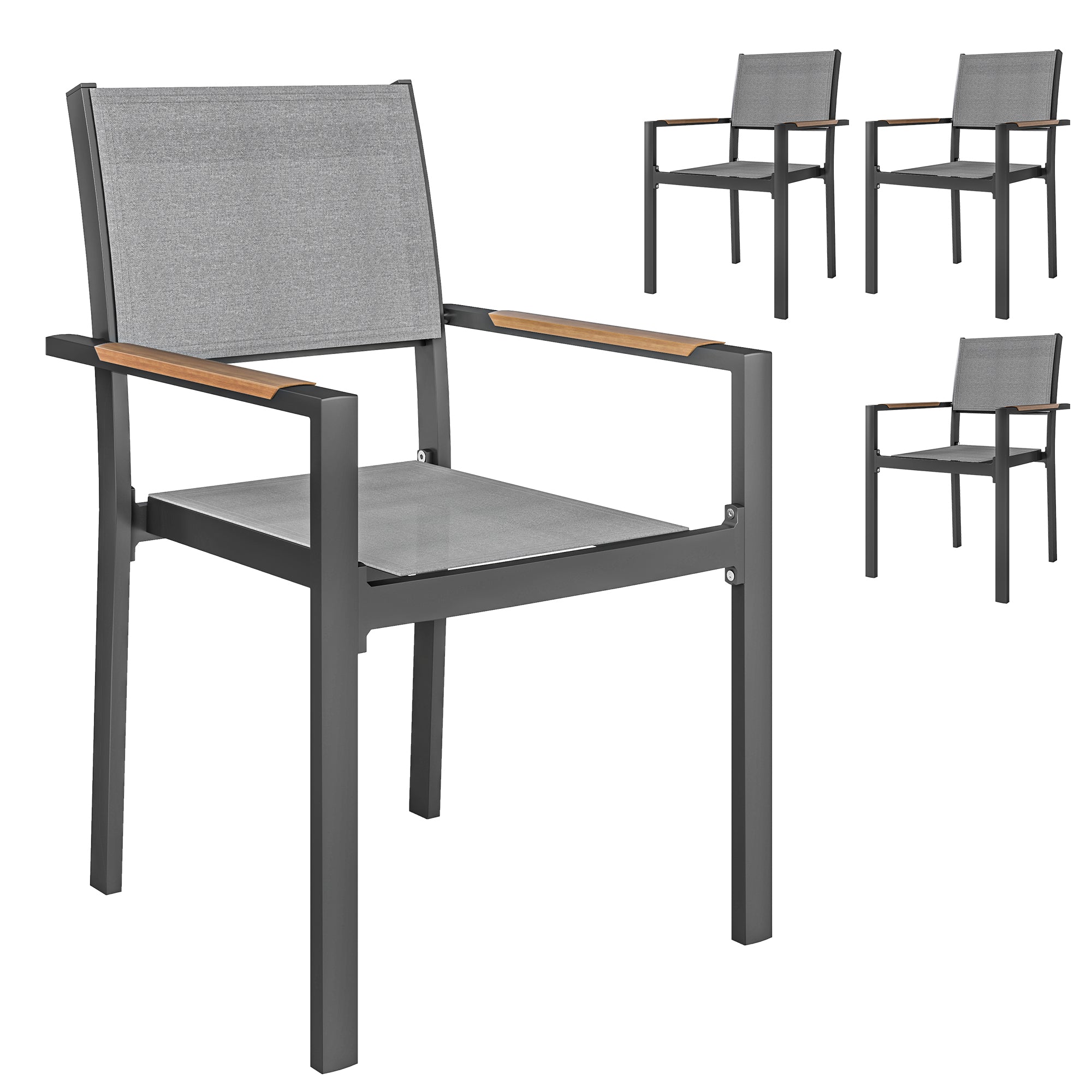 Set of 4 garden chairs with wood-effect armrests, aluminum frame dining chairs outdoor breathable fabric for balcony, terrace, light gray