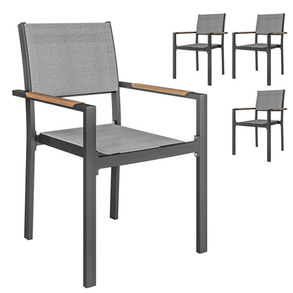 Set of 4 garden chairs with wood-effect armrests, aluminum frame dining chairs outdoor breathable fabric for balcony, terrace, light gray