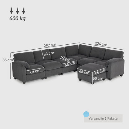 U-Shaped Corner Sofa, 292 x 224 cm (115" x 88") Sectional — Cord Fabric, Pocket-Sprung Cushions, Thick Padded Arms, Removable Ottoman, Sleeper Sofa, Dark Gray