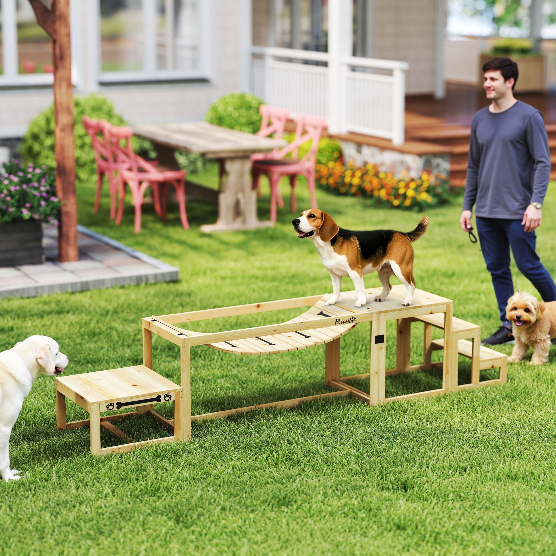 Dog Agility Training Equipment, 3 Piece Dog Agility Equipment Kit, Soft Bridge, Rest Platform, Stairs Included, Solid Wood, Natural Wood