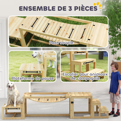 Dog Agility Training Equipment, 3 Piece Dog Agility Equipment Kit, Soft Bridge, Rest Platform, Stairs Included, Solid Wood, Natural Wood