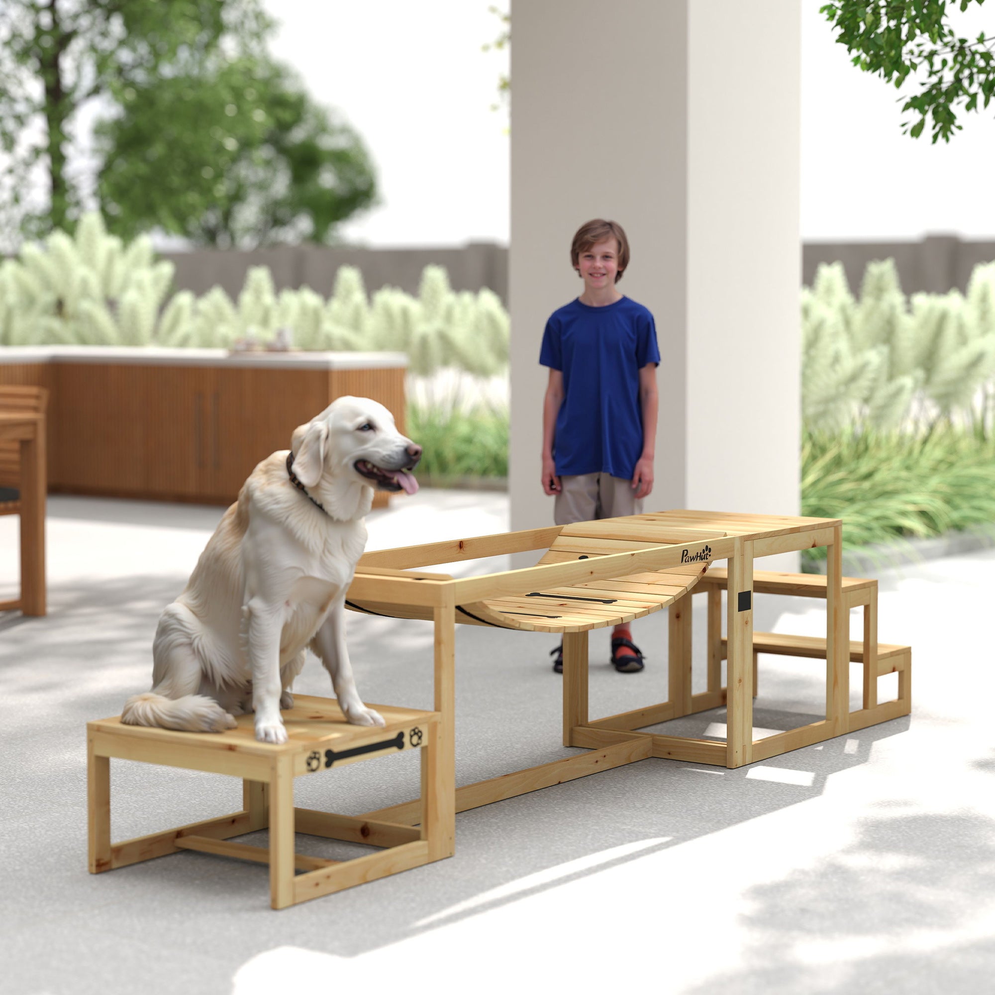 Dog Agility Training Equipment, 3 Piece Dog Agility Equipment Kit, Soft Bridge, Rest Platform, Stairs Included, Solid Wood, Natural Wood