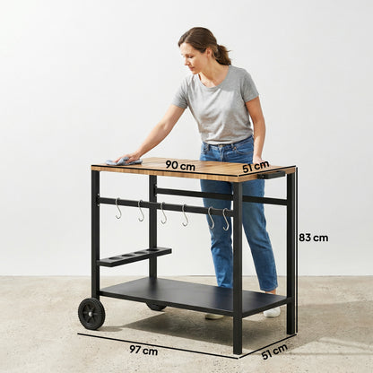 2-Tier Mobile BBQ Cart with Wood-Effect Top, Drink Holder, Hooks & Wheels — Black/Brown