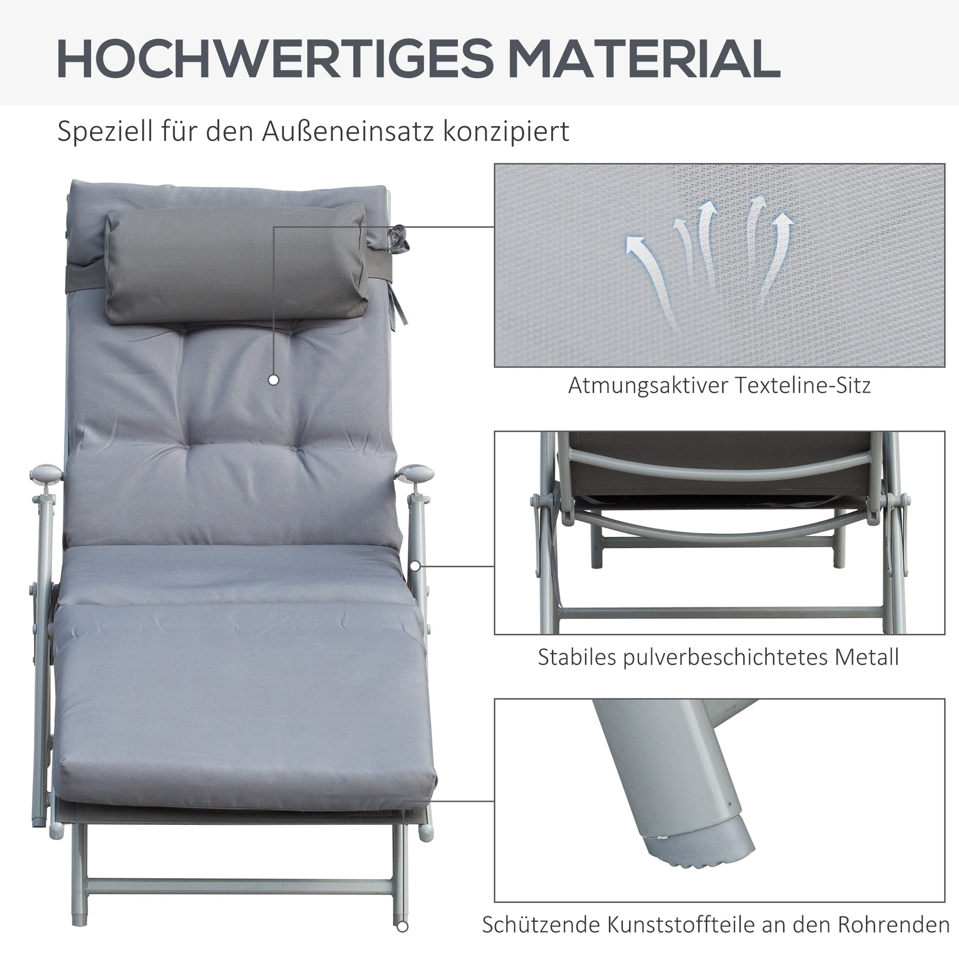 Foldable Sun Lounger Beach Lounger with Head Pillow Seat Cushion Recliner Chair with 7-Position Adjustable Backrest Garden Lounger Relaxing Lounger up to 165 kg Capacity, for Garden Vacation Outdoor, Gray