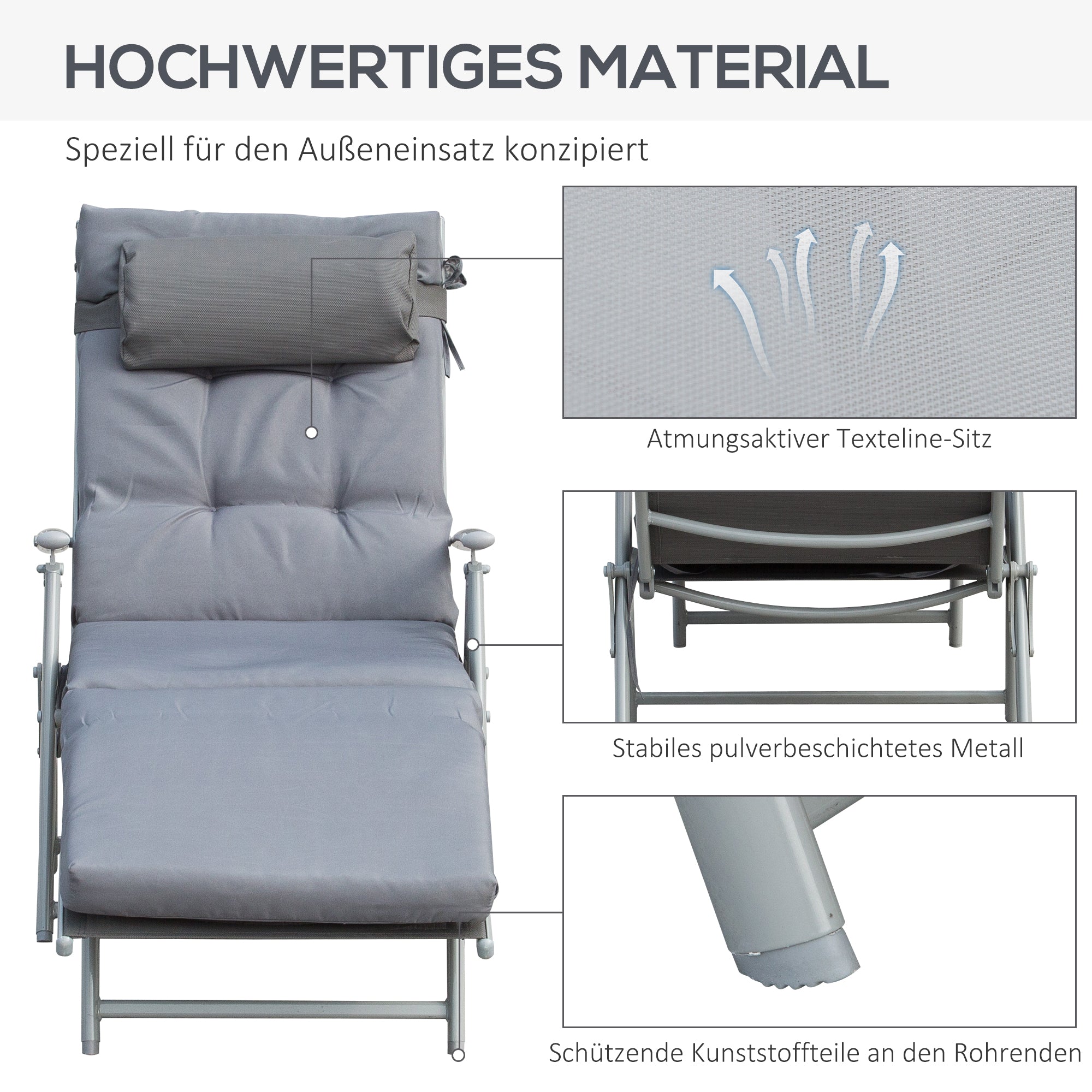 Foldable Sun Lounger Beach Lounger with Head Pillow Seat Cushion Recliner Chair with 7-Position Adjustable Backrest Garden Lounger Relaxing Lounger up to 165 kg Capacity, for Garden Vacation Outdoor, Gray