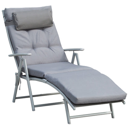 Foldable Sun Lounger Beach Lounger with Head Pillow Seat Cushion Recliner Chair with 7-Position Adjustable Backrest Garden Lounger Relaxing Lounger up to 165 kg Capacity, for Garden Vacation Outdoor, Gray
