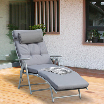 Foldable Sun Lounger Beach Lounger with Head Pillow Seat Cushion Recliner Chair with 7-Position Adjustable Backrest Garden Lounger Relaxing Lounger up to 165 kg Capacity, for Garden Vacation Outdoor, Gray