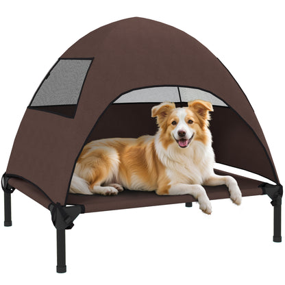 Outdoor Dog Lounge with Roof, Elevated Dog Bed for Medium Dogs, Cooling Pet Lounge with Washable Mesh Metal Frame Carry Bag, Pet Bed for Outdoor Camping 76x61x71cm, Coffee