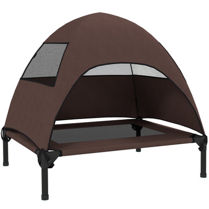 Outdoor Dog Lounge with Roof, Elevated Dog Bed for Medium Dogs, Cooling Pet Lounge with Washable Mesh Metal Frame Carry Bag, Pet Bed for Outdoor Camping 76x61x71cm, Coffee
