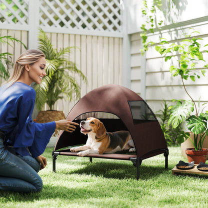 Outdoor Dog Lounge with Roof, Elevated Dog Bed for Medium Dogs, Cooling Pet Lounge with Washable Mesh Metal Frame Carry Bag, Pet Bed for Outdoor Camping 76x61x71cm, Coffee