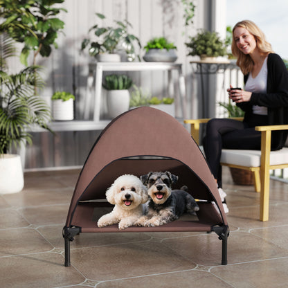 Outdoor Dog Lounge with Roof, Elevated Dog Bed for Medium Dogs, Cooling Pet Lounge with Washable Mesh Metal Frame Carry Bag, Pet Bed for Outdoor Camping 76x61x71cm, Coffee