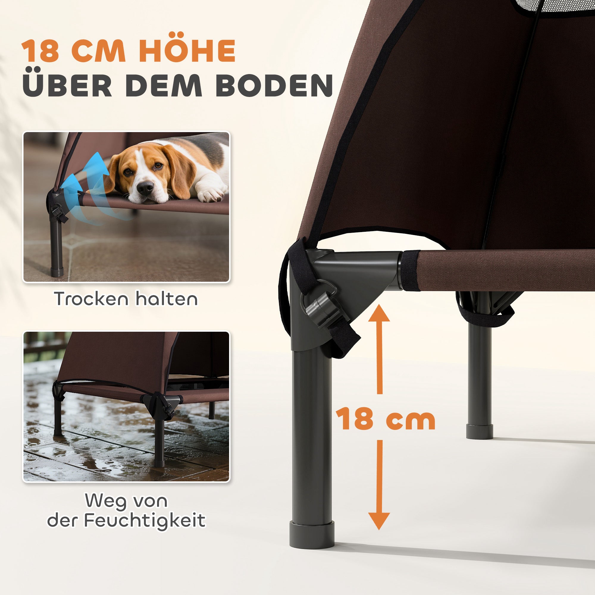 Outdoor Dog Lounge with Roof, Elevated Dog Bed for Medium Dogs, Cooling Pet Lounge with Washable Mesh Metal Frame Carry Bag, Pet Bed for Outdoor Camping 76x61x71cm, Coffee