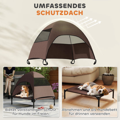 Outdoor Dog Lounge with Roof, Elevated Dog Bed for Medium Dogs, Cooling Pet Lounge with Washable Mesh Metal Frame Carry Bag, Pet Bed for Outdoor Camping 76x61x71cm, Coffee