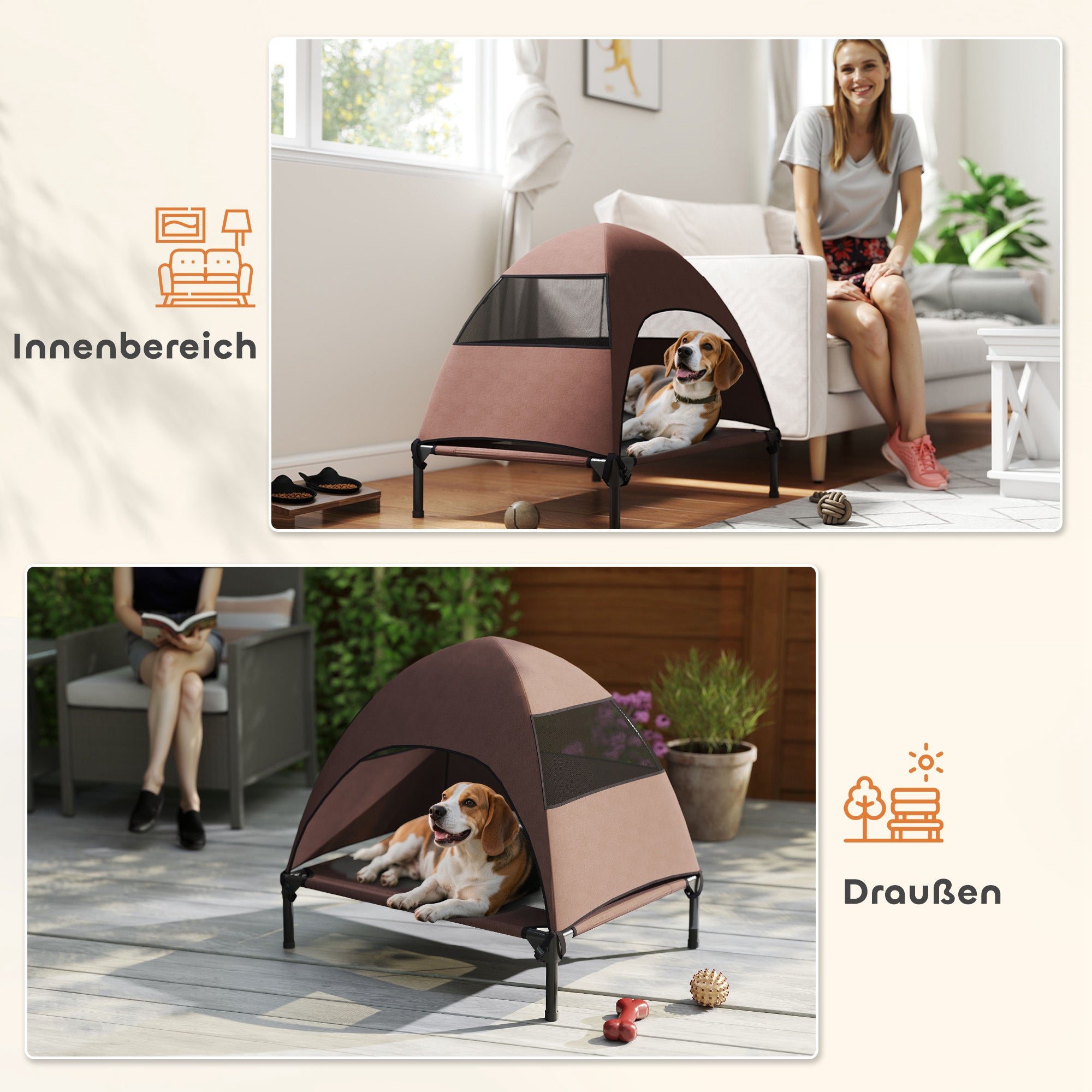 Outdoor Dog Lounge with Roof, Elevated Dog Bed for Medium Dogs, Cooling Pet Lounge with Washable Mesh Metal Frame Carry Bag, Pet Bed for Outdoor Camping 76x61x71cm, Coffee