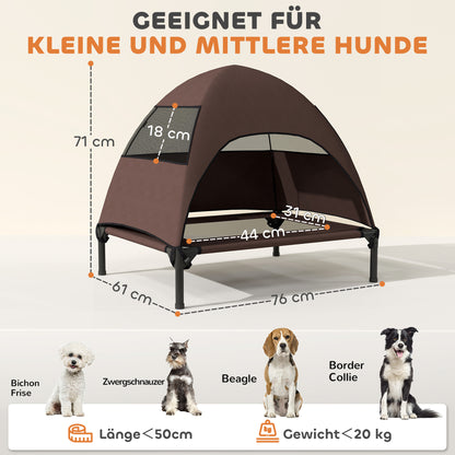 Outdoor Dog Lounge with Roof, Elevated Dog Bed for Medium Dogs, Cooling Pet Lounge with Washable Mesh Metal Frame Carry Bag, Pet Bed for Outdoor Camping 76x61x71cm, Coffee