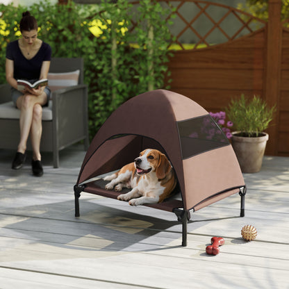 Outdoor Dog Lounge with Roof, Elevated Dog Bed for Medium Dogs, Cooling Pet Lounge with Washable Mesh Metal Frame Carry Bag, Pet Bed for Outdoor Camping 76x61x71cm, Coffee